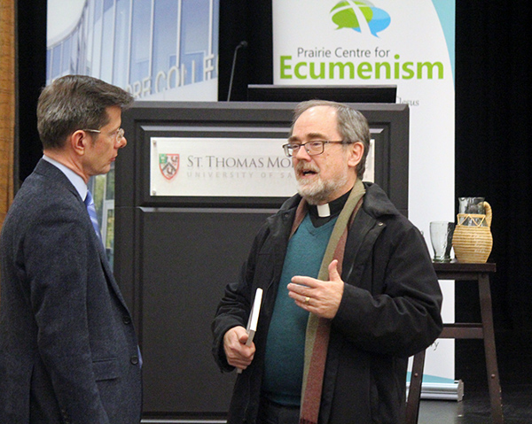 Dr. Carl Still, president of STM College, discusses ecumenism with Rev. Dr. Iain Luke, Principal of the College of Emmanuel and St. Chad, part of the Saskatoon Theological Union