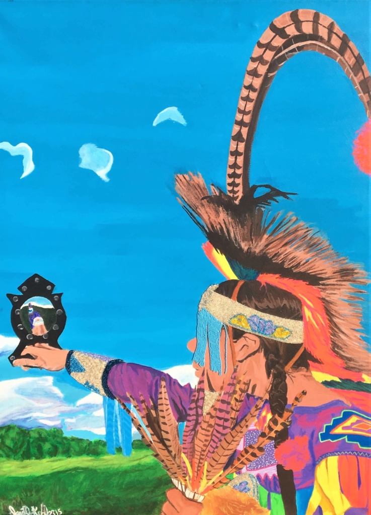 A crisp, colourful, high-intensity painting of a man in traditional regalia, standing under the expansive, strong light blue sky — a few white birds flying overhead. The medium is acrylic paint with sparkling beaded details.