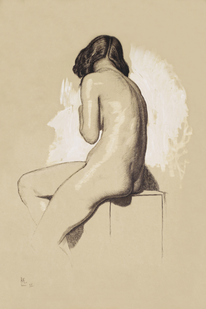 Vintage, detailed but minimalist drawing of a naked woman posing seated on a stand and facing away from the viewer, showing her bum. Original from Birmingham Museums.