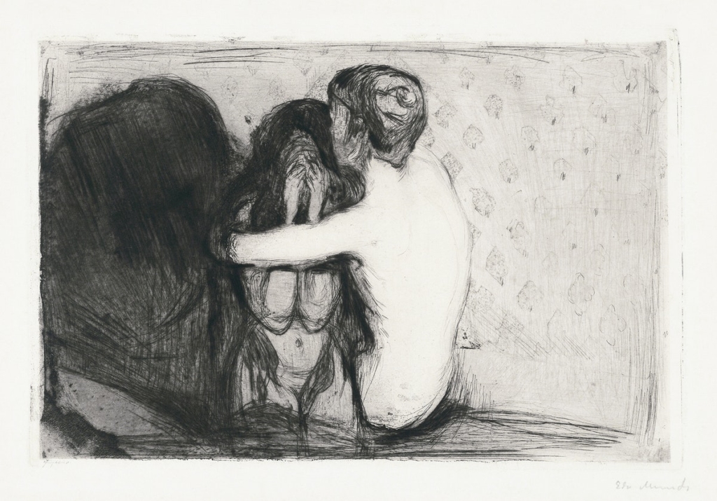 A drawing of a woman crying, being embraced by another woman. Emotional, high-intensity black lines.