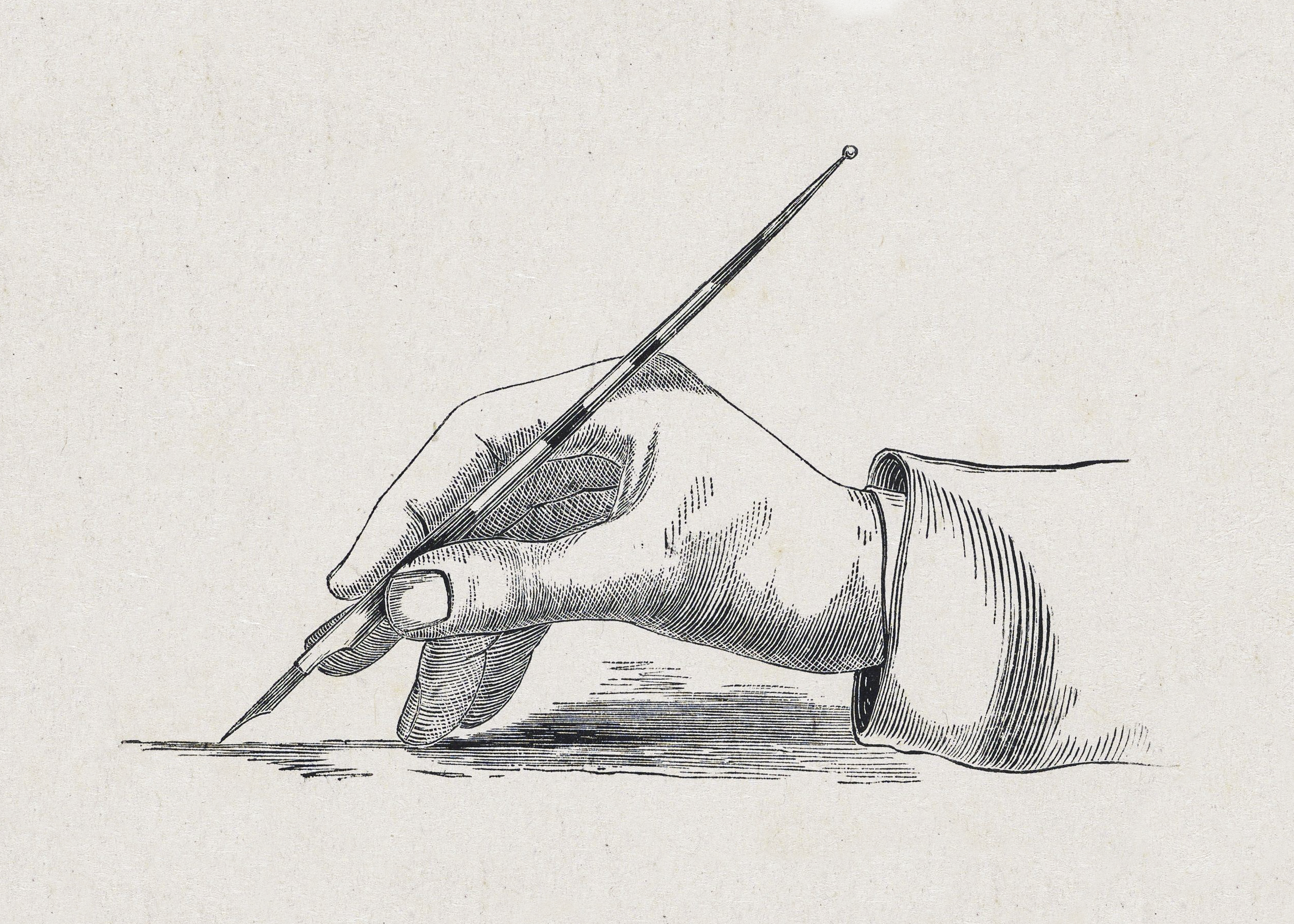 A stylized drawing of a hand writing with a fountain pen.