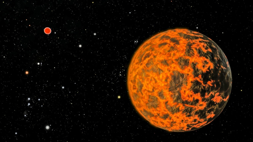 High-contrast image of neon orange planets floating in deep black outer space.