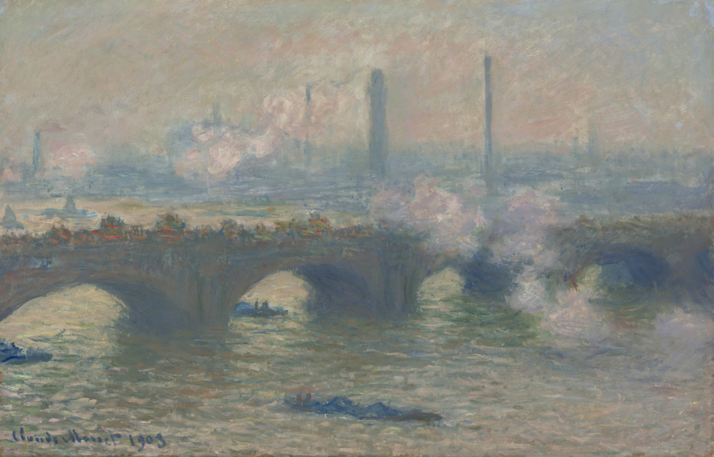 A dirty green-toned painting of a bridge, with industrial smoke surrounding it.