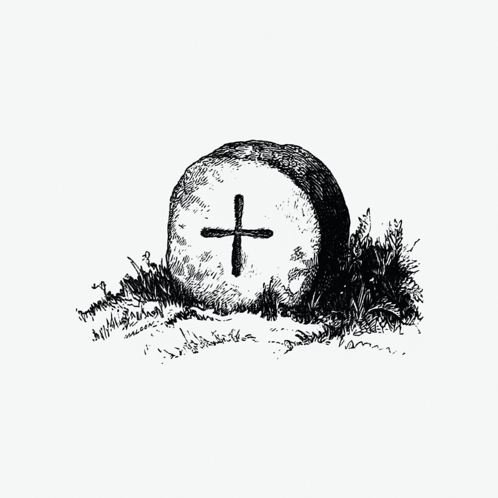 A minimalistic, black and white sketch of a grave with a cross on it.