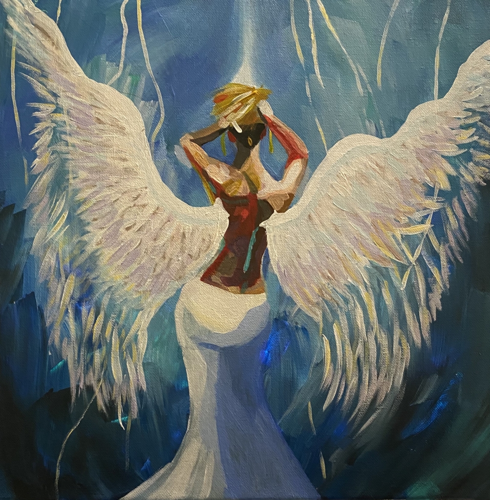 A beautiful, blue-toned painting of an angel with her wings spread.