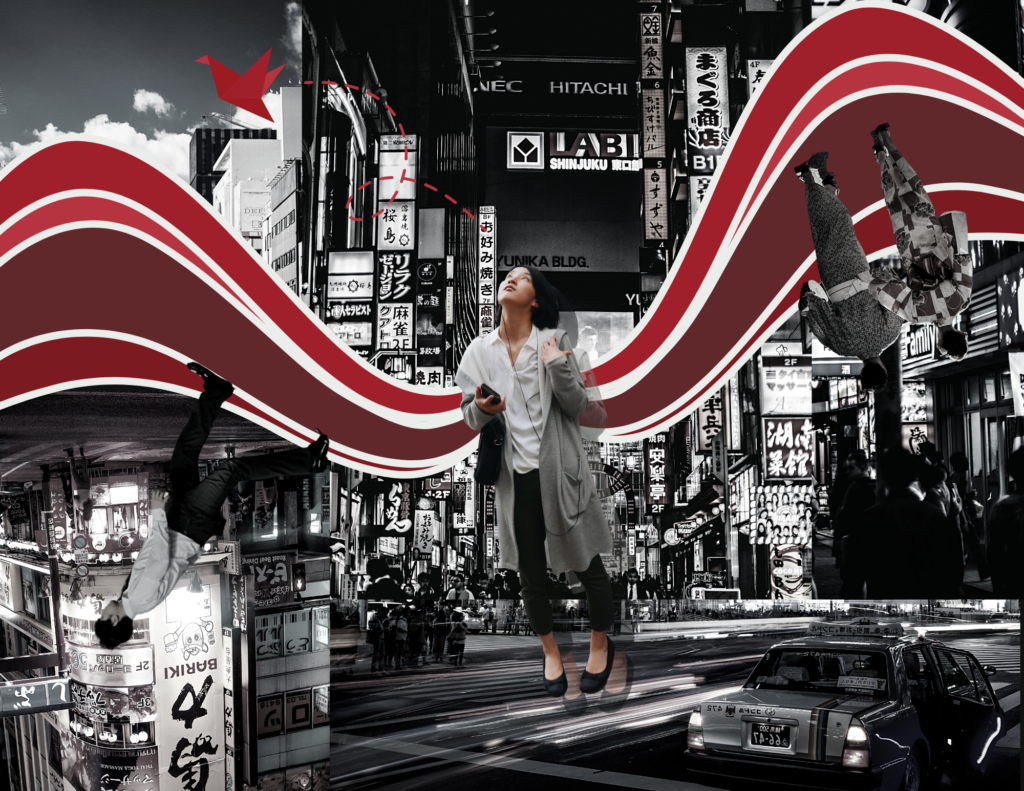 A digital collage composing a fantasy black-and-white city scene, with a woman floating in the centre in an explosion of colours.