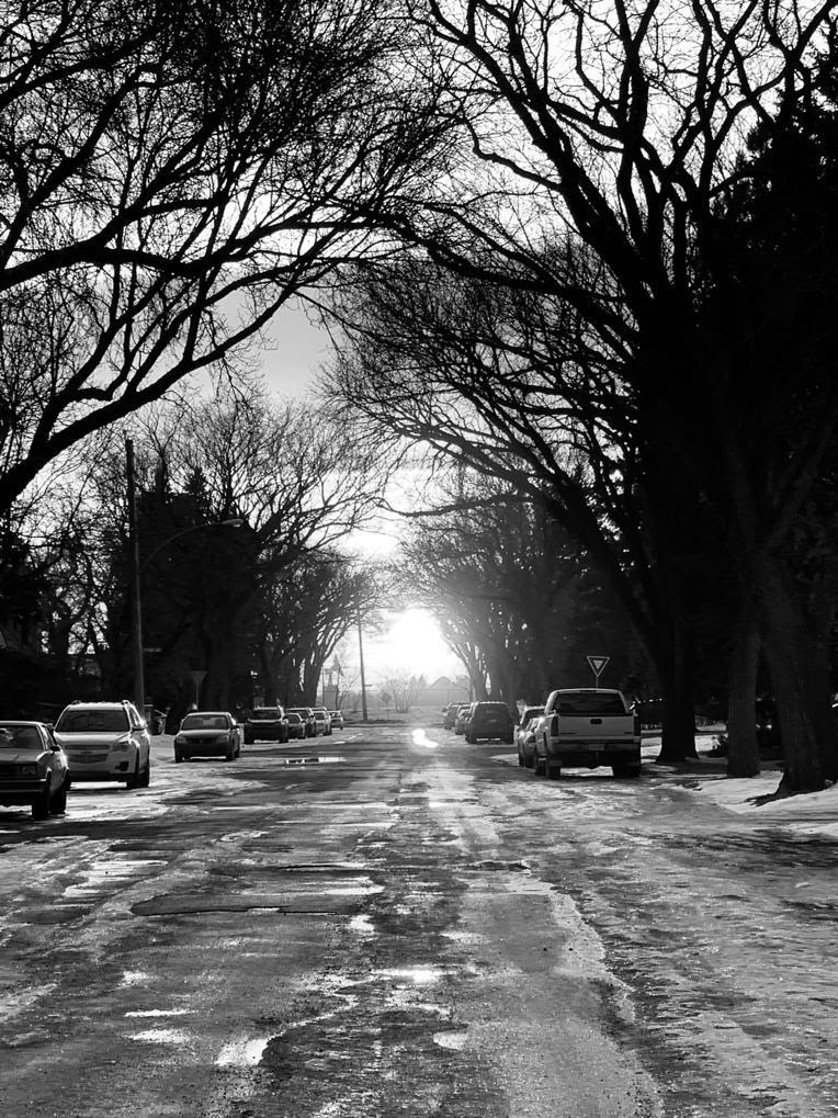 Black-and-white photo of a city road with parked cars on both sides and the sun in front.