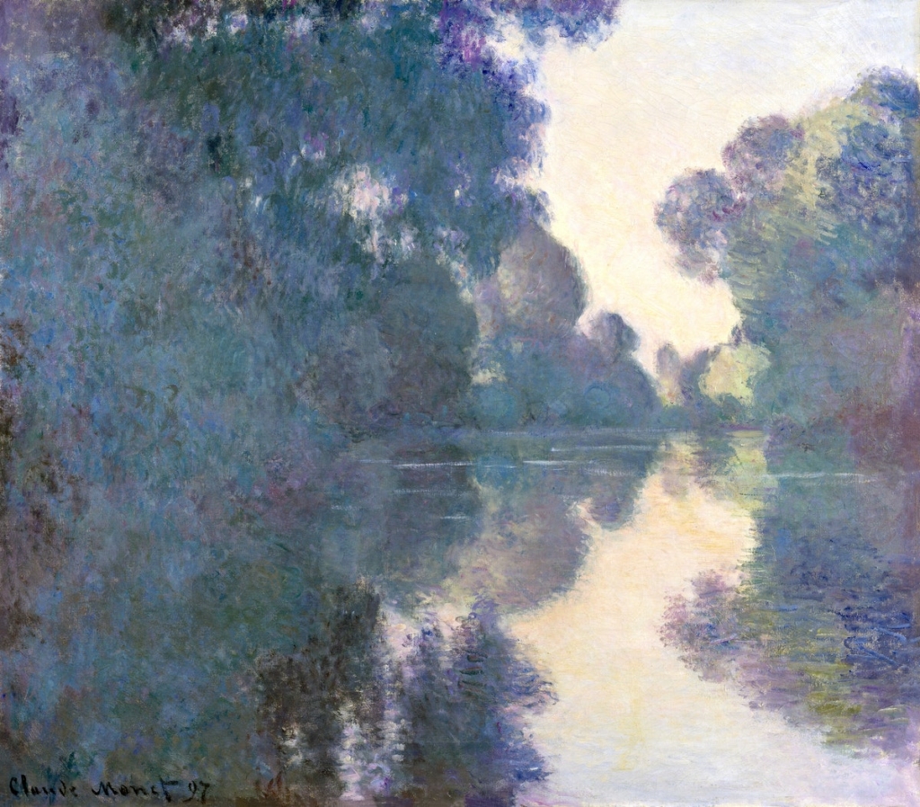 A painting in spring colours, of a river partially covered by folliage, reflecting the soft morning sun.