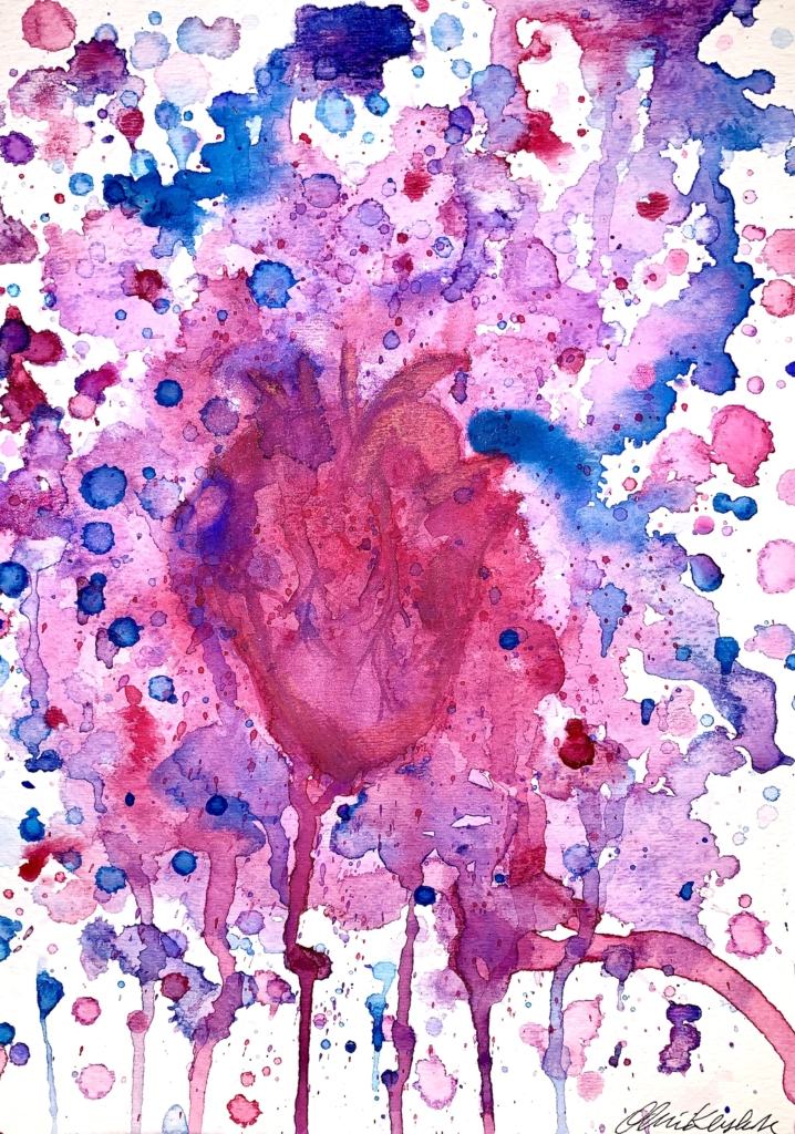 A watercolour of a hear, exploding into swatches of pink and blue.