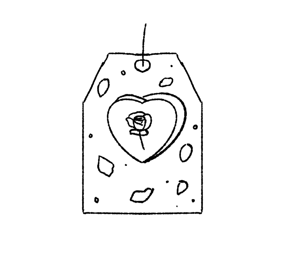 A hand-drawn image of a rose tea bag with a heart-shaped cutout in the centre.