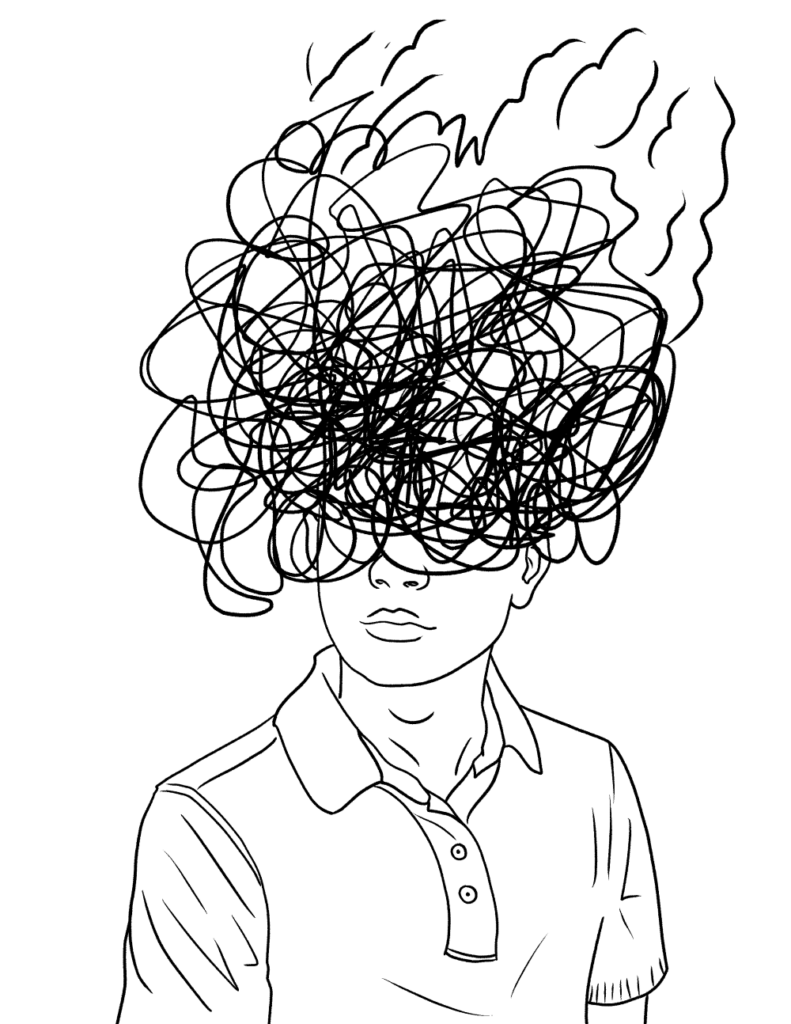 A line-drawing portrait of a human whose face is covered by a bundle of scribbles